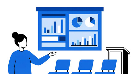 A woman presents business data in a presentation. The woman wears a blue top and stands by the presentation board isolated on a white background