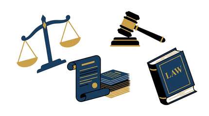 Law concept illustration with scales, gavel, book, and documents. These symbols represents justice, law, and legal matters isolated on a white background