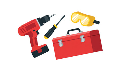 Set of construction tools, including a drill, screwdriver, safety glasses, and a toolbox isolated on awhite background