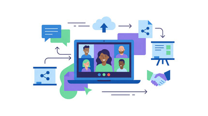 Online meeting and collaboration for business or education concept isolated on a white background