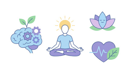 Illustration of concepts related to mental and physical wellbeing, including brain, lotus, and heart. A person is meditating peacefully under the sunlight isolated on a white background