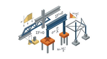 Structural elements, diagrams, and equations on a structure and architectural illustration isolated on white background