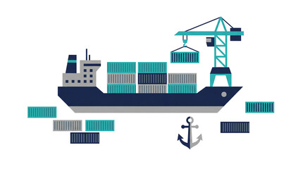 A container ship being loaded at a port isolated on white background