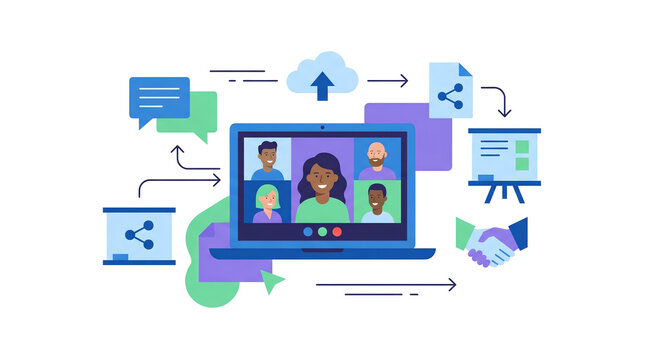 Online meeting and collaboration for business or education concept isolated on a white background