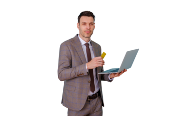 Businessman holding laptop and credit card, managing online payments and finance, making a secure transaction