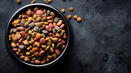 A bowl of pet food filled with different shapes and colors rests on a dark surface. Small pieces of food are scattered around the bowl creating a lively display.