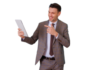 Businessman pointing on tablet, showing digital content and indicating next generation technology, transparent background