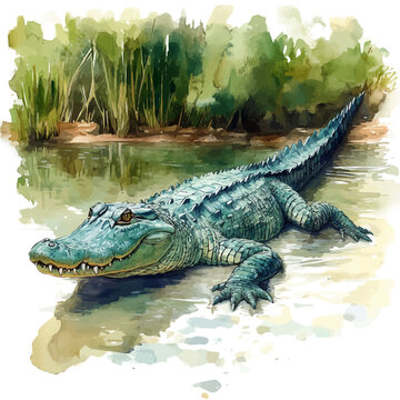 Crocodile Gliding Slowly, illustration watercolor with playful splashes and delicate line details, isolated on a white background.