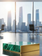Elegant green marble display pedestal with gold trim in a modern office with city view