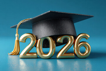 A black academic cap is placed over the gold numbers of the graduation year 2026.