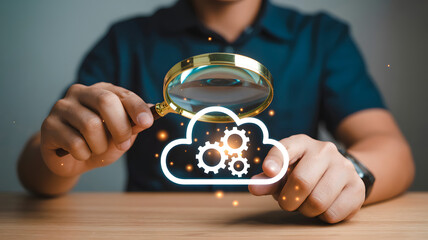 Technical Cloud Infrastructure Audit and System Optimization Using Magnifying Glass and Data Icons