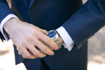 reloj, mano, cronometrar, tiempo, reloj de pulsera, mu&ntilde;eca, agiotaje, participaci&oacute;n, boda, moda, hombre, vestir, glamour