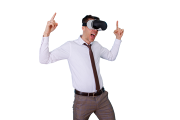 Businessman in vr headset actively interacting with a virtual environment, feeling excitement and joy. Transparent background
