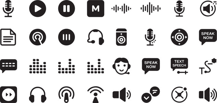 Audio technology and sound recording icon set. Containing microphones, headphones, sound waves, play buttons, volume controls, mute icons, and voice command symbols.