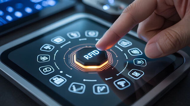 RFID Technology and Smart Logistics Concept with Finger Pressing Glowing Identification Button on Interface - Powered by Adobe