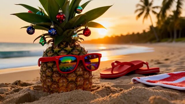 Pineapple with sunglasses and small holiday ornaments sits on warm sand at a tropical shoreline during golden sunset. Flip-flops and a beach towel lie nearby. The scene evokes festive vacation and rel