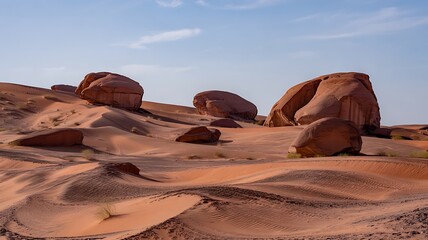 Rugged Desert Landscape with Sculpted Rock Formations & Winding Sand Dunes
