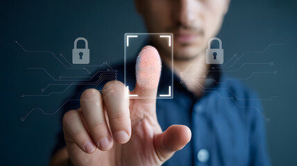 Man using biometric fingerprint recognition technology on a virtual screen for secure access and data protection