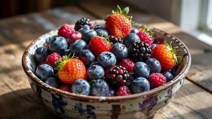 Rustic Bowl of Organic Mixed Berries - Healthy Farm Fresh Fruit