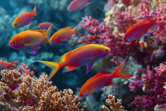 Colorful anthias fish swim among vibrant coral reefs in a stunning underwater scene filled with life and beauty