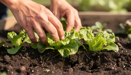 Gardener's hands planting lettuce seedlings in soil on a vegetable bed