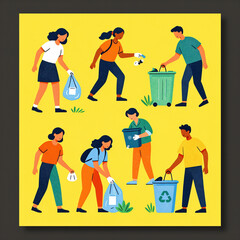 Stylized poster of people cleaning up trash with bold flat figures on a bright yellow background