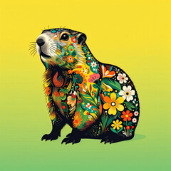 Artistic poster of a groundhog silhouette filled with abstract spring floral patterns on a vibrant background