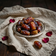 Traditional Ramadan still life with a bowl of shiny dates on linen fabric with soft shadows and muted brown-cream palette