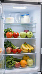Well-organized interior of a refrigerator with fresh vegetables, fruits, and dairy products