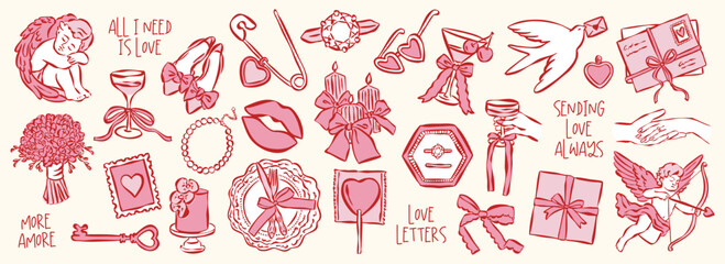 Whimsical hand drawn romantic love and wedding illustration collection. Artwork with adorable love slogans for greeting cards.