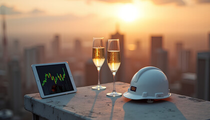 Startup IPO celebration on unfinished skyscraper with champagne glasses and rising stock chart