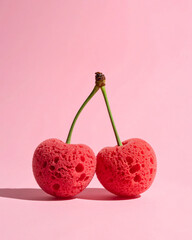 A pair of cherries with sponge texture, creative summer light fruit concept.