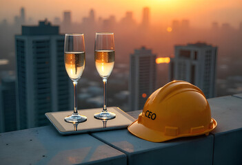 Startup IPO celebration on unfinished skyscraper with champagne glasses and rising stock chart