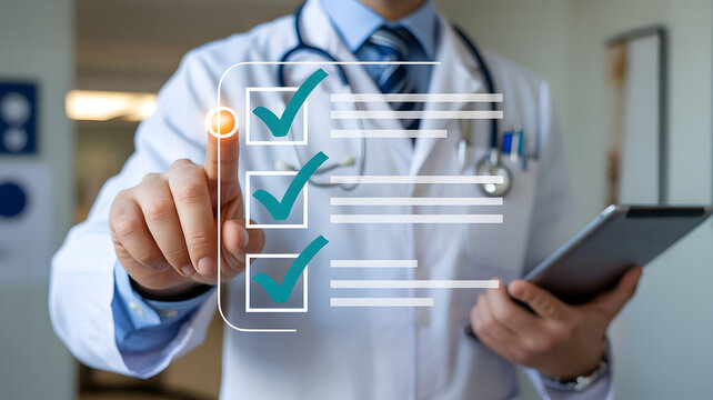 Professional doctor using a digital touch interface with a medical checklist and green checkmarks for healthcare quality and patient diagnosis - Powered by Adobe