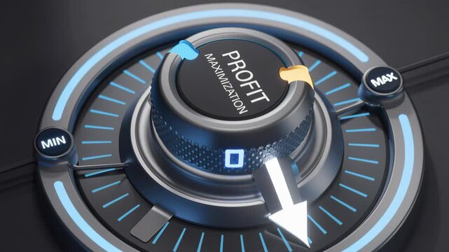 Profit maximization dial sits on a circular control panel with illuminated blue indicators. The tactile knob and scale suggest business strategy, finance and performance control in a modern corporate 