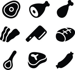 Collection of Various Meat Products in Silhouette Style Including Steak Ham Bacon Meat Cleaver Sausage and Spoon Isolated on Transparent Background Vector Illustration