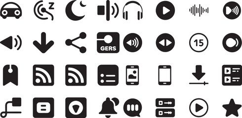 Media player and user interface icon set. Containing play buttons, volume controls, headphones, download arrows, share nodes, night mode moons, and RSS feed symbols.