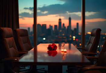 Clandestine Valentine's setup in executive boardroom after hours, long polished table reflecting dusk skyline, single red rose in crystal vase, high-end tablet showing M&A dashboard