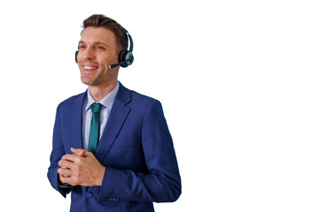 Call center agent wearing headset providing friendly customer service and support, smiling while consulting