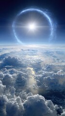 Obraz premium Dramatic celestial display bright sun with glowing corona over cloudscape panorama