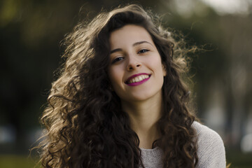 Portrait of a beautiful young brunette woman with long curly hair