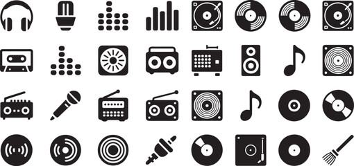 Music and audio equipment icon set. Containing headphones, microphones, vinyl records, cassette tapes, boomboxes, speakers, equalizers, and radio receivers.