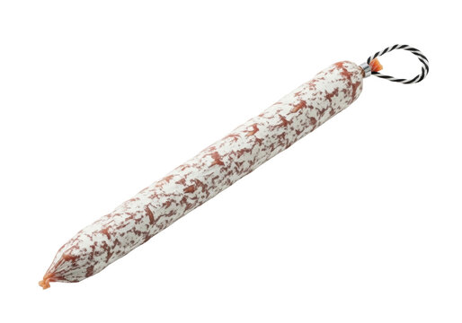 A single long thin dry-cured sausage, resembling Spanish fuet, covered in delicate white mold with a black and white string, on a transparent background, soft studio light, high-key, concept of