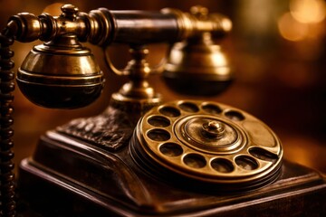 A vintage phone with a gold dial sits on a table