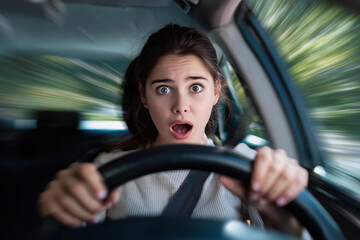 Young woman driving a car with shock expression on her face. Shocked woman driving a car.