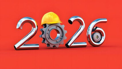 2026 New Year design template with yellow protective helmet. 3D render illustration.