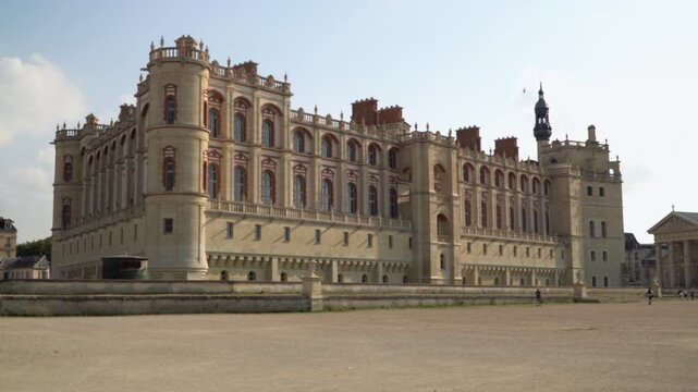 A wide angle video capture showcases the Saint Germain Castle, a historic landmark nestled in the town of Saint Germain en Laye near Paris, France.