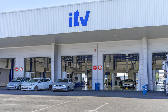 "Seville, Spain; August 1, 2023": Cars at an ITV vehicle inspection center in Spain.