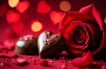 The chocolate candies in the shape of hearts and rose on a red background
