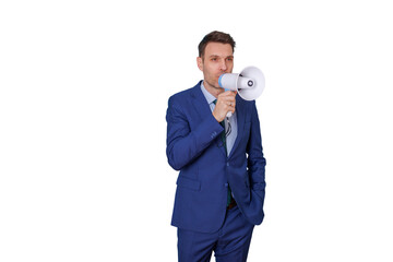 Fototapeta premium Businessman making an announcement with a megaphone, communicating important messages for marketing and promotion on transparent background